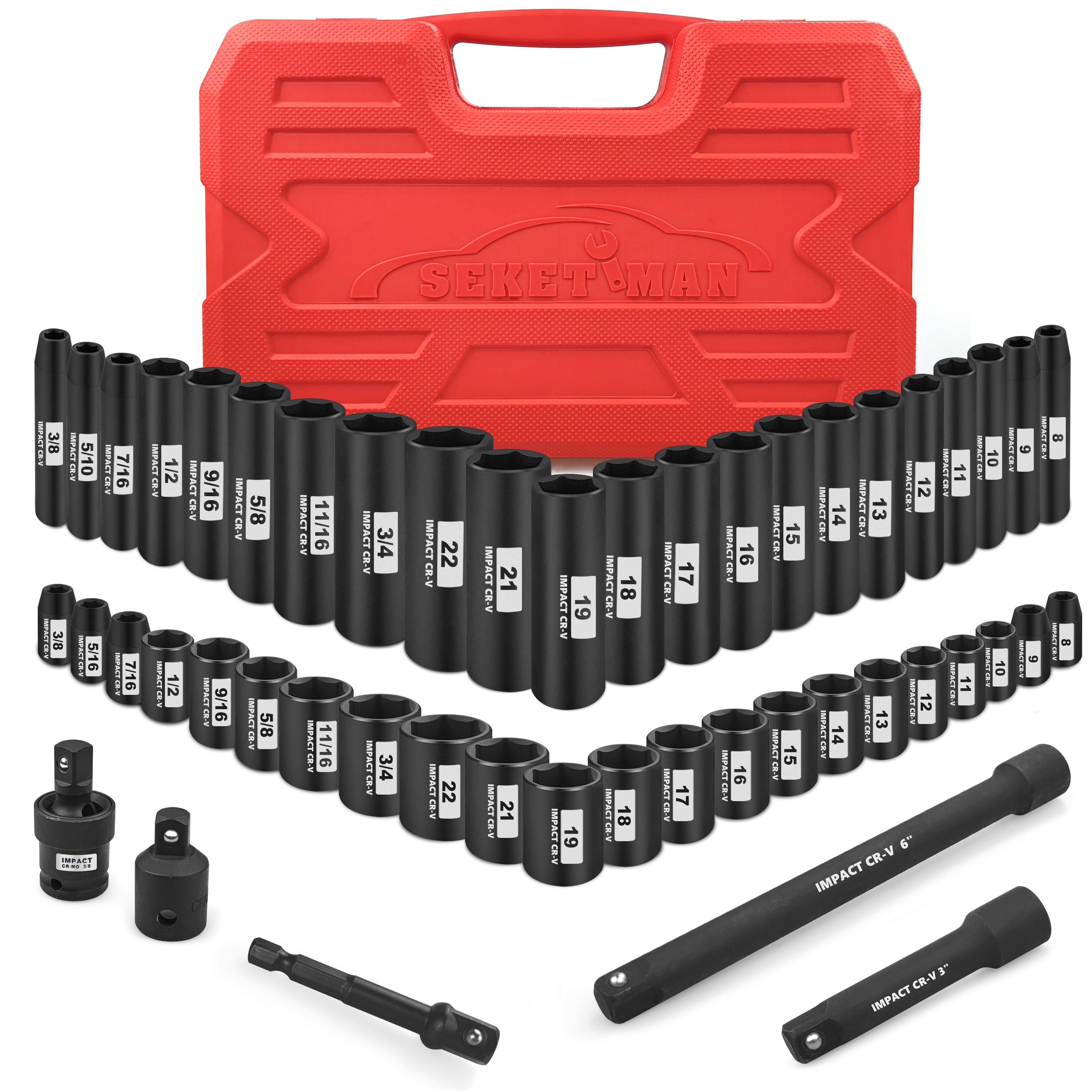 

Seketman 3/8-inch Drive Impact Socket Set, 49 Pieces, Sae/metric, Deep/shallow, (5/16"-3/4", 8mm-22mm), 6 Point, Cr-, Includes Extension Bar, Adapter And Universal Joint