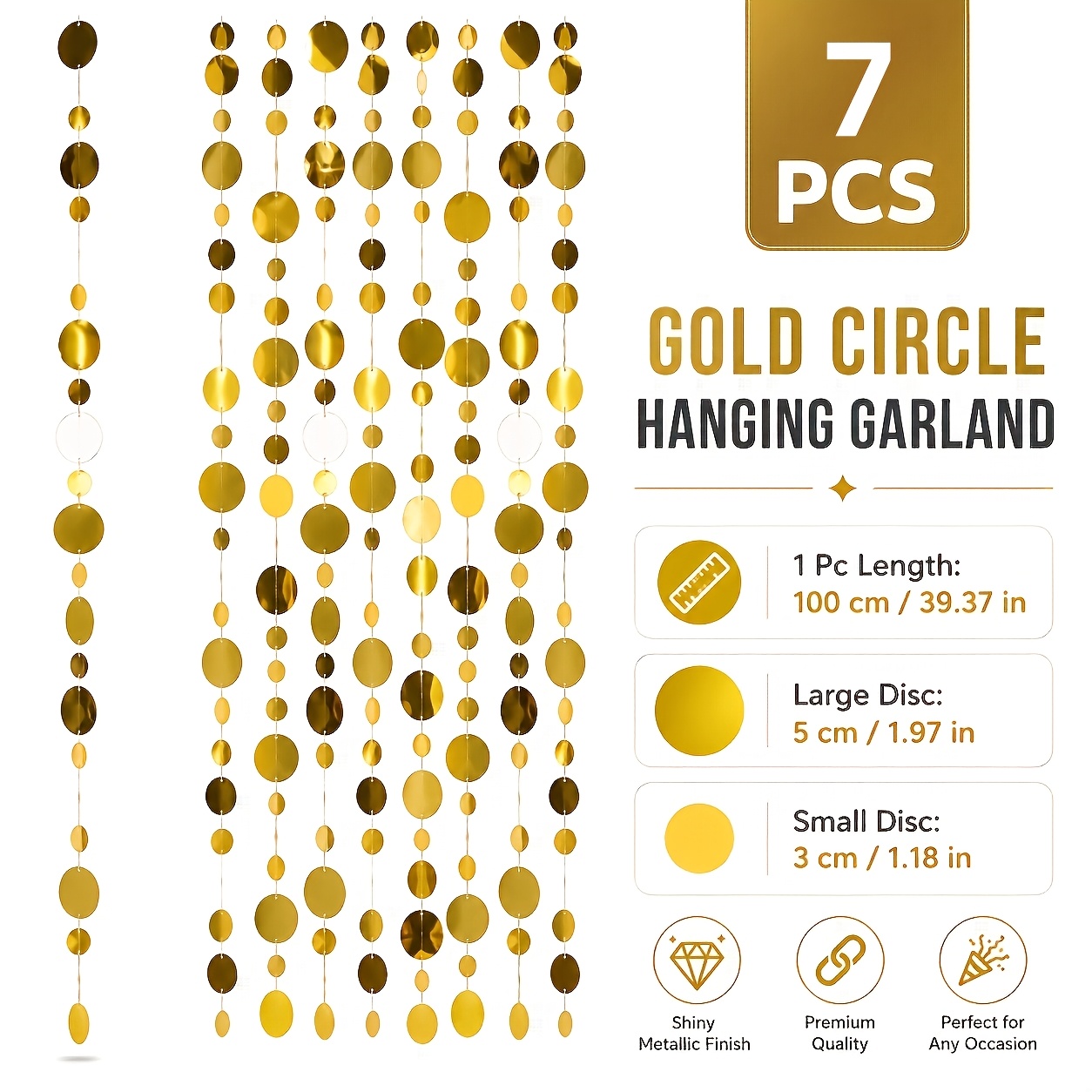 TEMU 7pcs Set, 7 Meters/275. Total, Golden Glitter Tassel Hanging Decor – Handcrafted With Sequin Details, Made Of Pvc Material For A Luxurious And