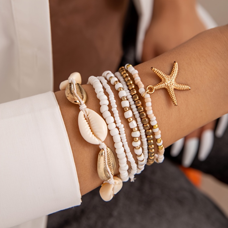 

7-piece Bohemian Vacation Style Beaded Shell Bracelets, Starfish And Beads Charm, Beach-inspired Bracelets For Summer Accessory