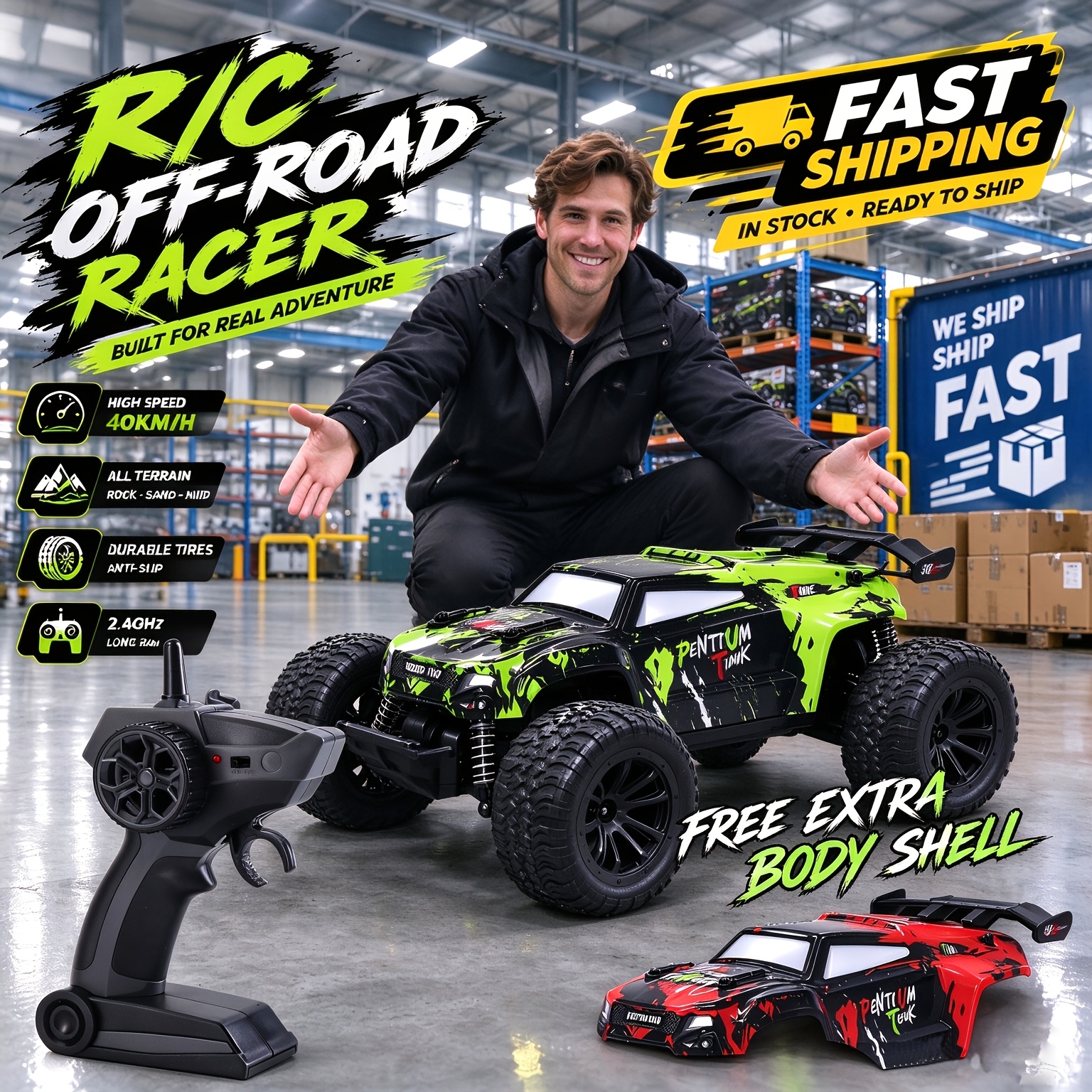 TEMU All Terrain Remote-controlled Monster Truck, With 2 Rechargeable Batteries And Colorful Lights, As A Birthday Or Christmas Gift For Boys. Remote