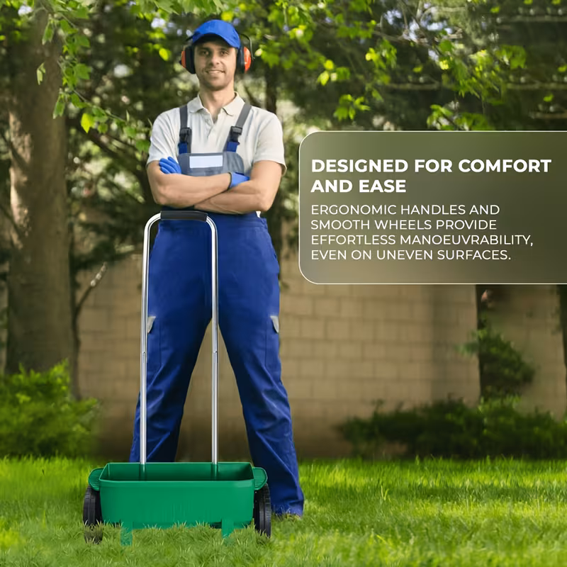 lawn and garden spreader 12l impact resistant plastic housing adjustable distribution rate lawn spreader for grass seed lawn feed fertiliser spreader large wheels 111cm x 57cm x 19cm details 0