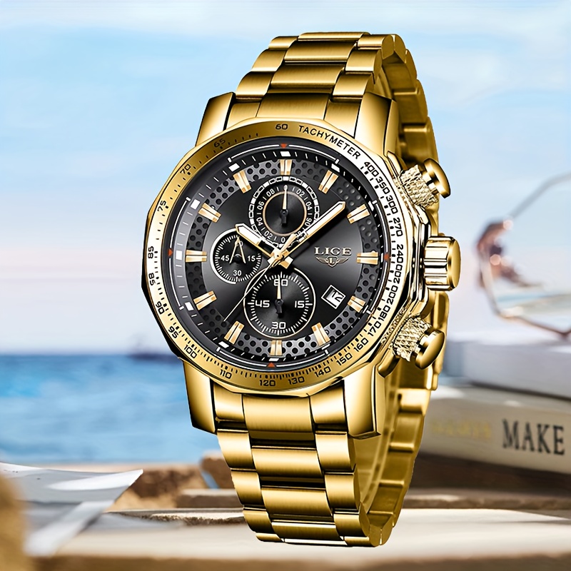 Image of Lige Watch For Men. Luxury Business Men's Quartz Watch, Round Dial, Stainless Steel Strap, Triple Dial Calendar Display Watch. Multifunctional . Men Clock. The For Holiday Gifting