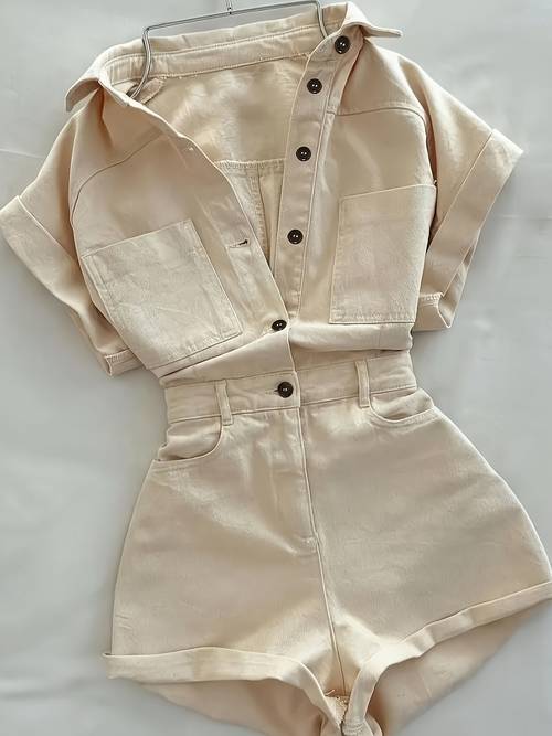 Artikelbild frühlings-/herbst-freizeit-jumpsuit für damen mit kurzen ärmeln und schmaler taille