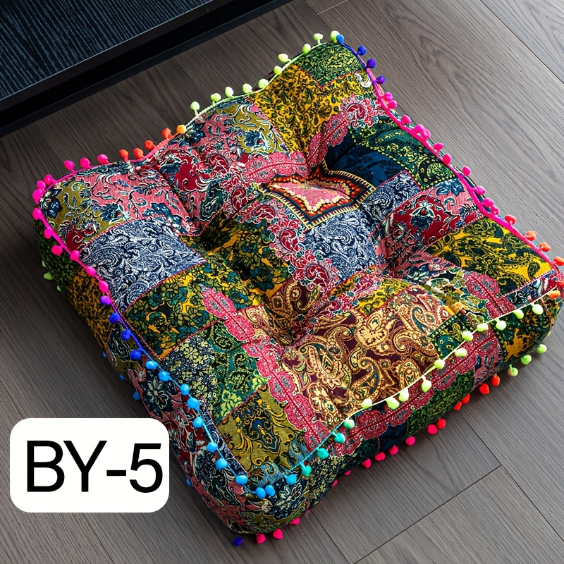 TEMU 1pc Bohemian Thickened Cushion With Ball Embellishments, Breathable Soft Thickened Back Cushion, Suitable For Living Room, Bedroom, Office,