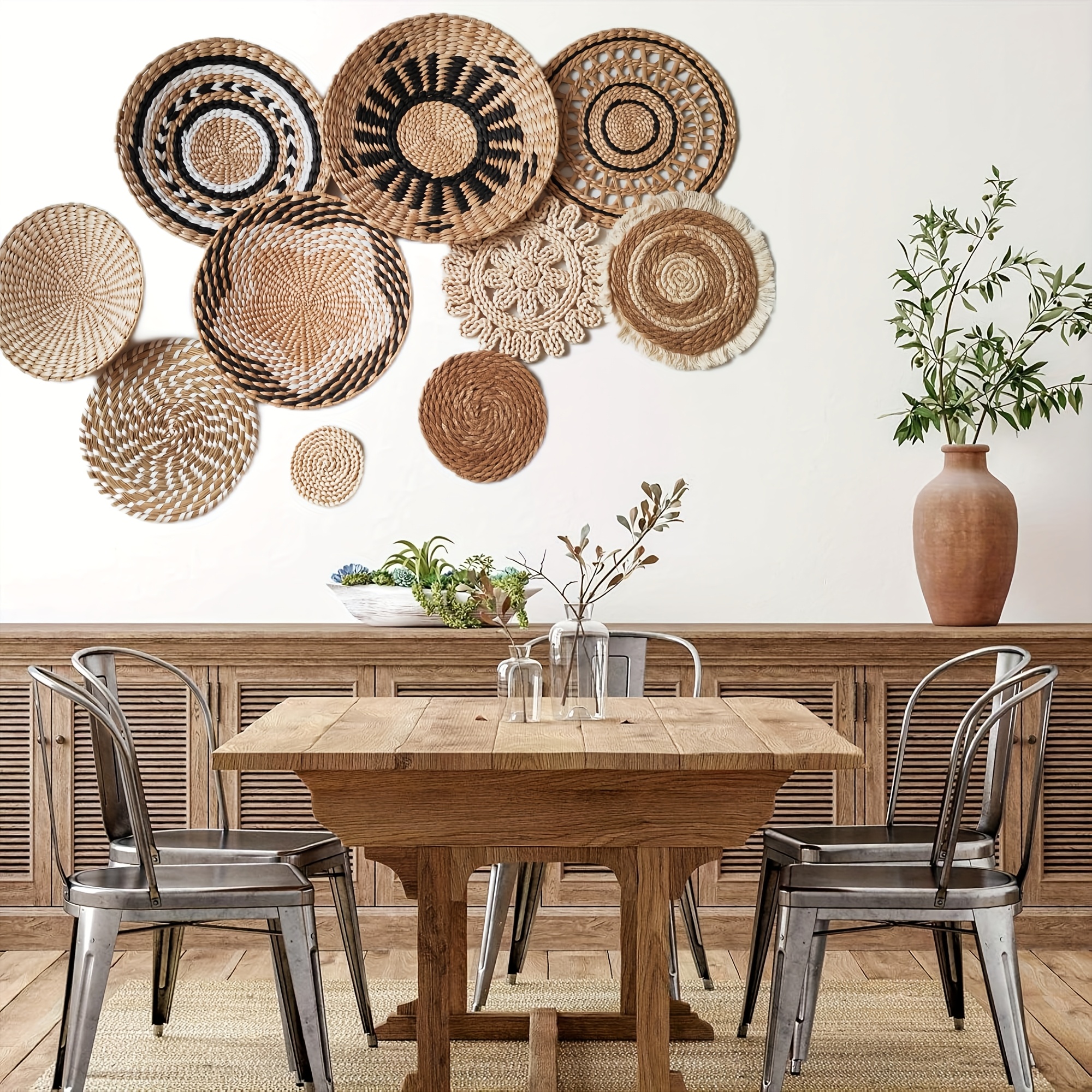 10pcs Boho Rattan Woven Wall Basket Decor Set
