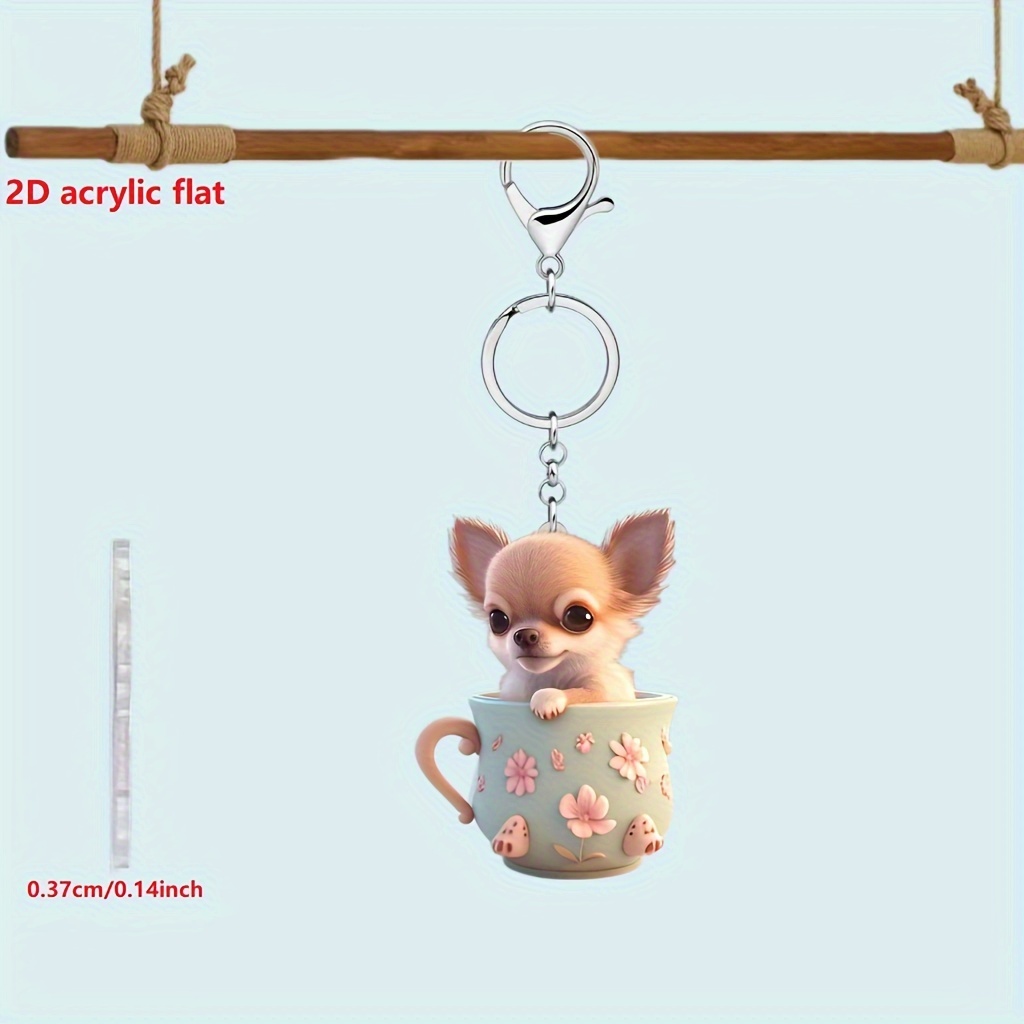 

2d Acrylic Chihuahua In Mug Keychain - Perfect For Dog Lovers And Party Gifts