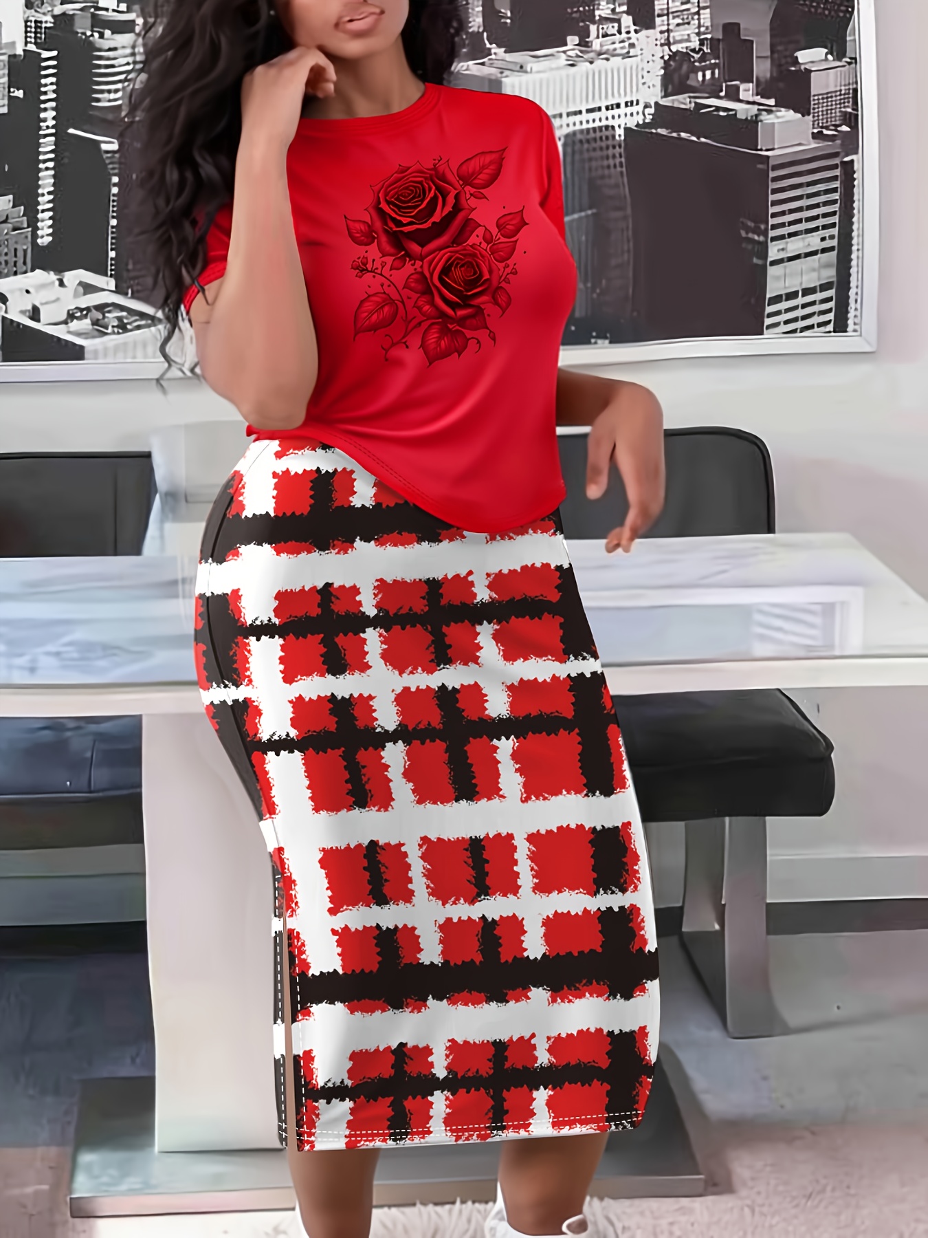plus size red rose print midi skirt set side Temu Germany