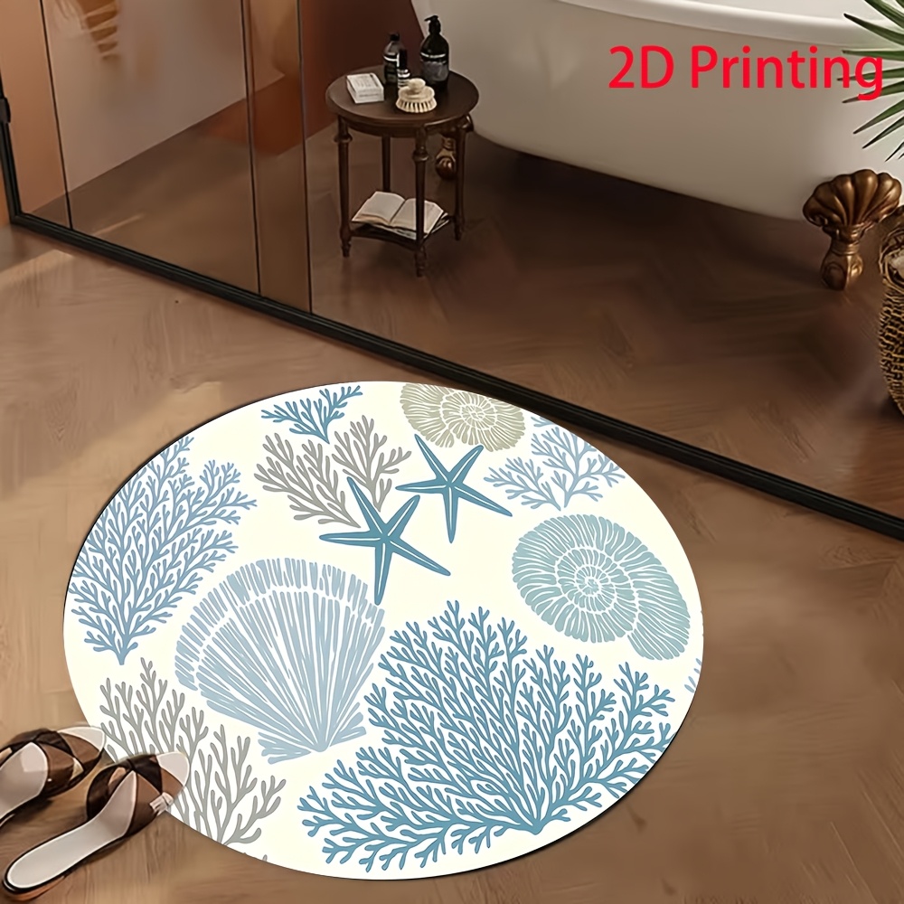 TEMU Ocean-themed Round Area Mat - Turquoise Blue & Beige Mat With Coral & Starfish Design, Soft Fiber Indoor/outdoor Mat For Living Room, Bedroom,