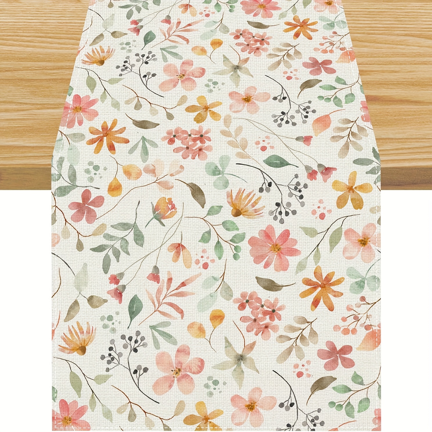 TEMU 1pc Spring Table Runner - Pastel With Pink, Orange, And Green Flowers, Polyester Rectangular Woven Fabric For Kitchen, Dining Room, And Seasonal Home Decor