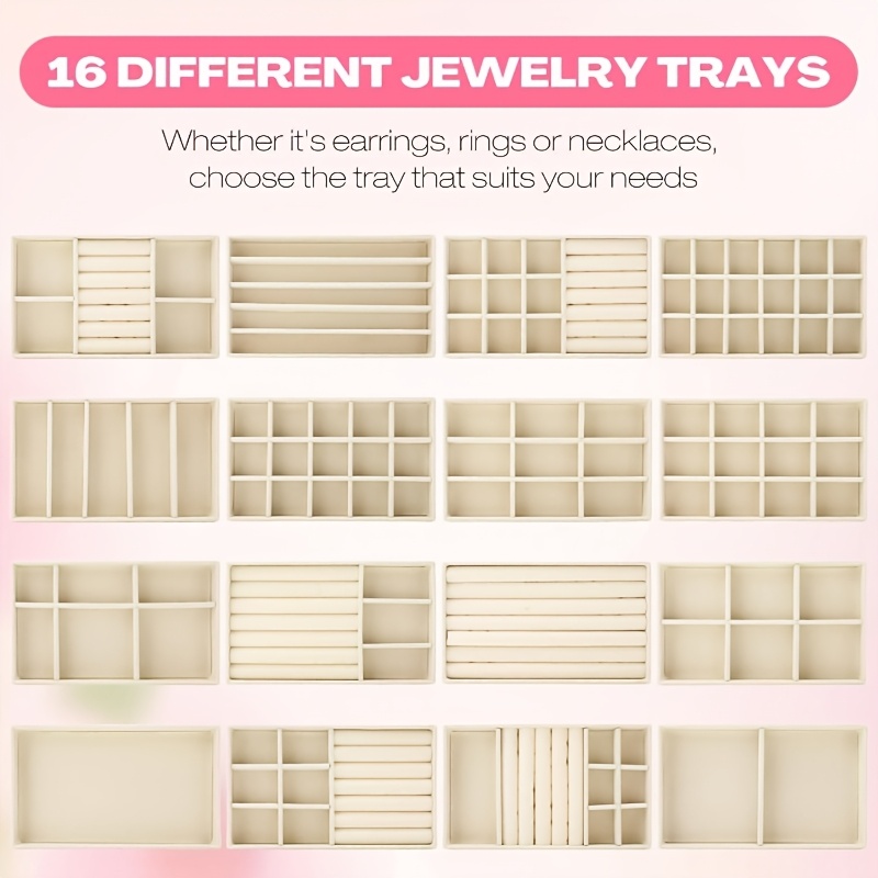 TEMU 16 Stackable Jewelry Organizer Drawers, Velvet Jewelry Trays With Dividers, Earring Holders, Ring Display Boxes, Necklace Storage For Women,