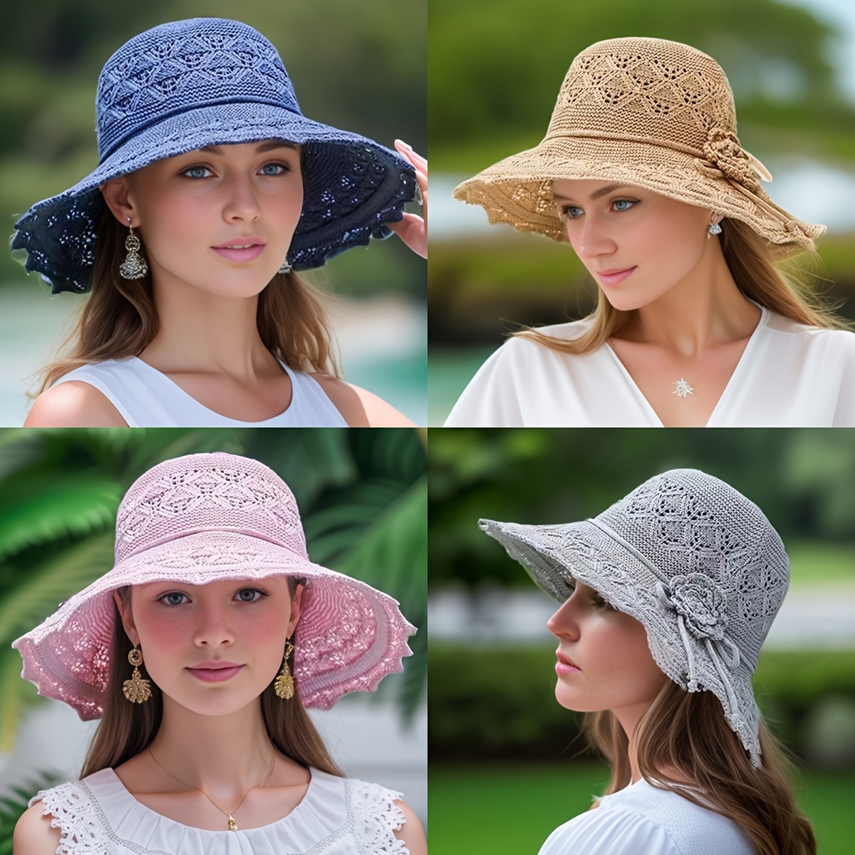 

Women's 3d Lace Knit Sun Hats, Beach Floppy Bucket Caps, Washable Hollow Woven Summer Beach Hats With Uv Protection, Bow Tie Rope Decoration
