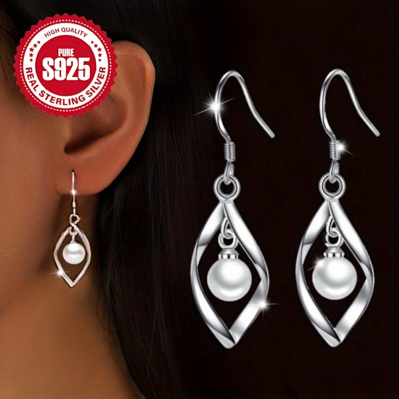 

A Pair Of Lady's Leaf-shaped Pearl Hook Earrings, S925 Sterling Silver, Elegant And Luxurious Jewelry, Suitable For Weddings And Banquets, Perfect As A Gift For Women, Hypoallergenic, Weighing 1.96g.