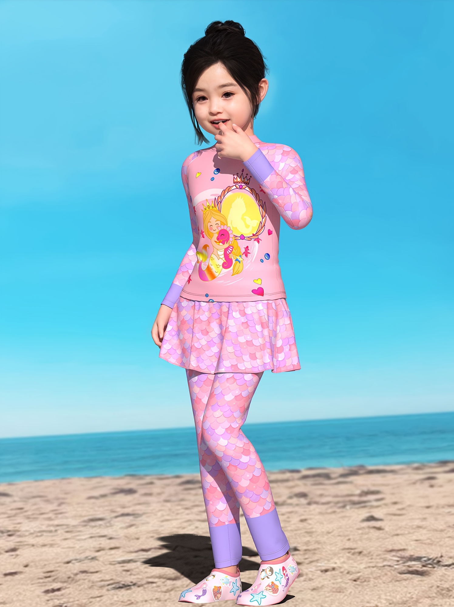 Girls' Long Sleeve Mermaid Swimsuit with Floral Rainbow Design High  Stretch Sun Protection Beachwear, Sleeveless Swim Dress for Easter Parties  S