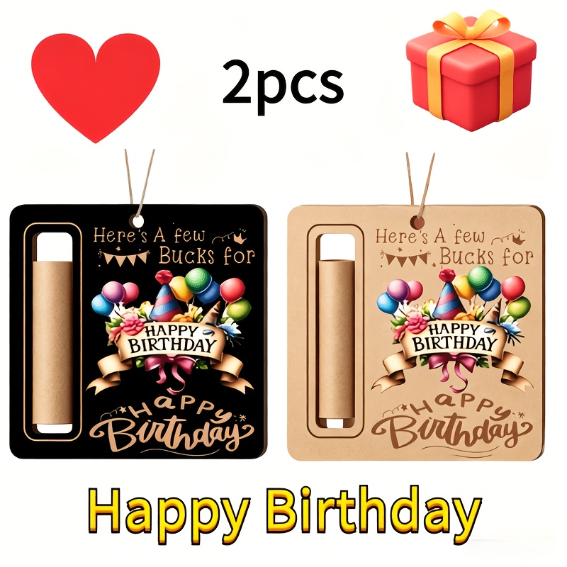 2pcs Wooden Birthday Set, Unique Cash Gift Display, Colorful Design Including Flowers, Birthday Hats And Banners, And Bow Patterns, Perfect For Home Decor And Celebrations