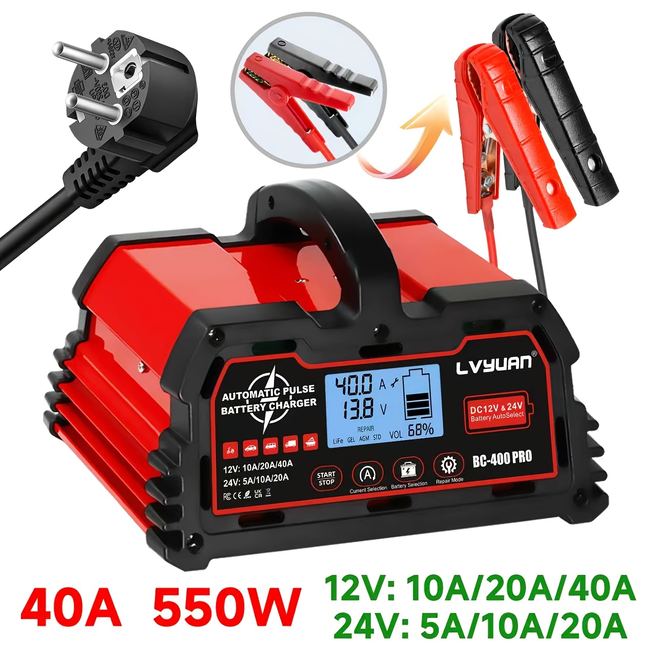 Image of Lvyuan 40amp Smart Car Battery Charger, 12v/24v Automotive Charger, Lead-acid Battery, Lifepo4 Battery Maintainer With Lcd Display, Trickle Charger, For Lawn Mower, Motorcycle, Agm, Std, Gel, Efb, Etc
