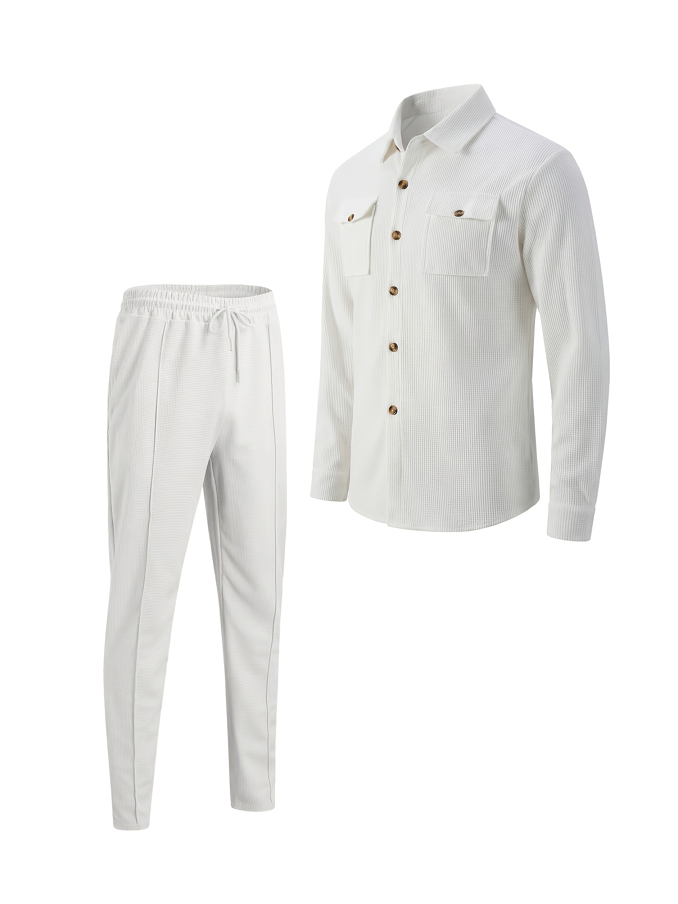 Conjunto Casual de Waffle para Hombre para las Cuatro Estaciones | Camisa Abotonada con Cuello Solapa, Bolsillo Doble en el Pecho, Manga Larga, Pantalones Largos, Conjunto de Dos Piezas, Ropa Versátil para Exteriores, Ligero, Sin Arrugas, Portátil - Imagen 7