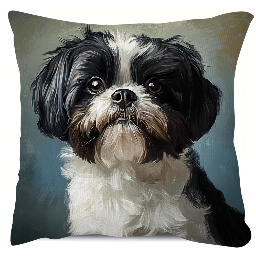1pc 2d flat printing non real embroidery cute shih tzu dog double sided printed short plush pillow cover suitable for sofa living room bedroom no pillow corelkj1654 Product details 1