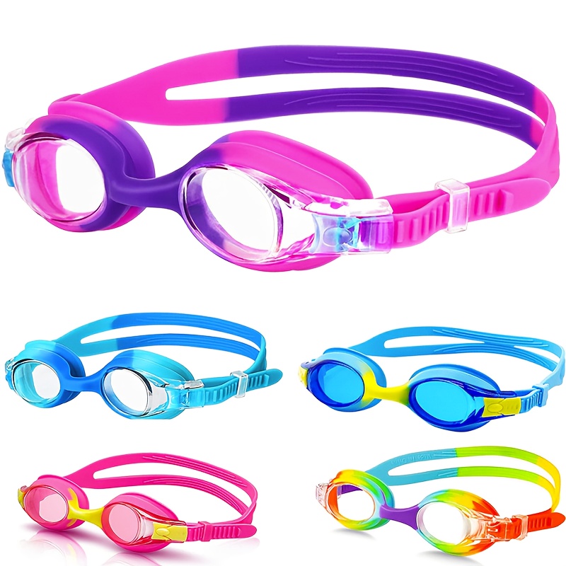 kids swimming goggles anti fog waterproof with pc lens adjustable strap uv protection anti glare fit   3 12 years vibrant colors pink purple blue green   lessons beach pool safety swimming accessories kids swimming gear   design   goggles