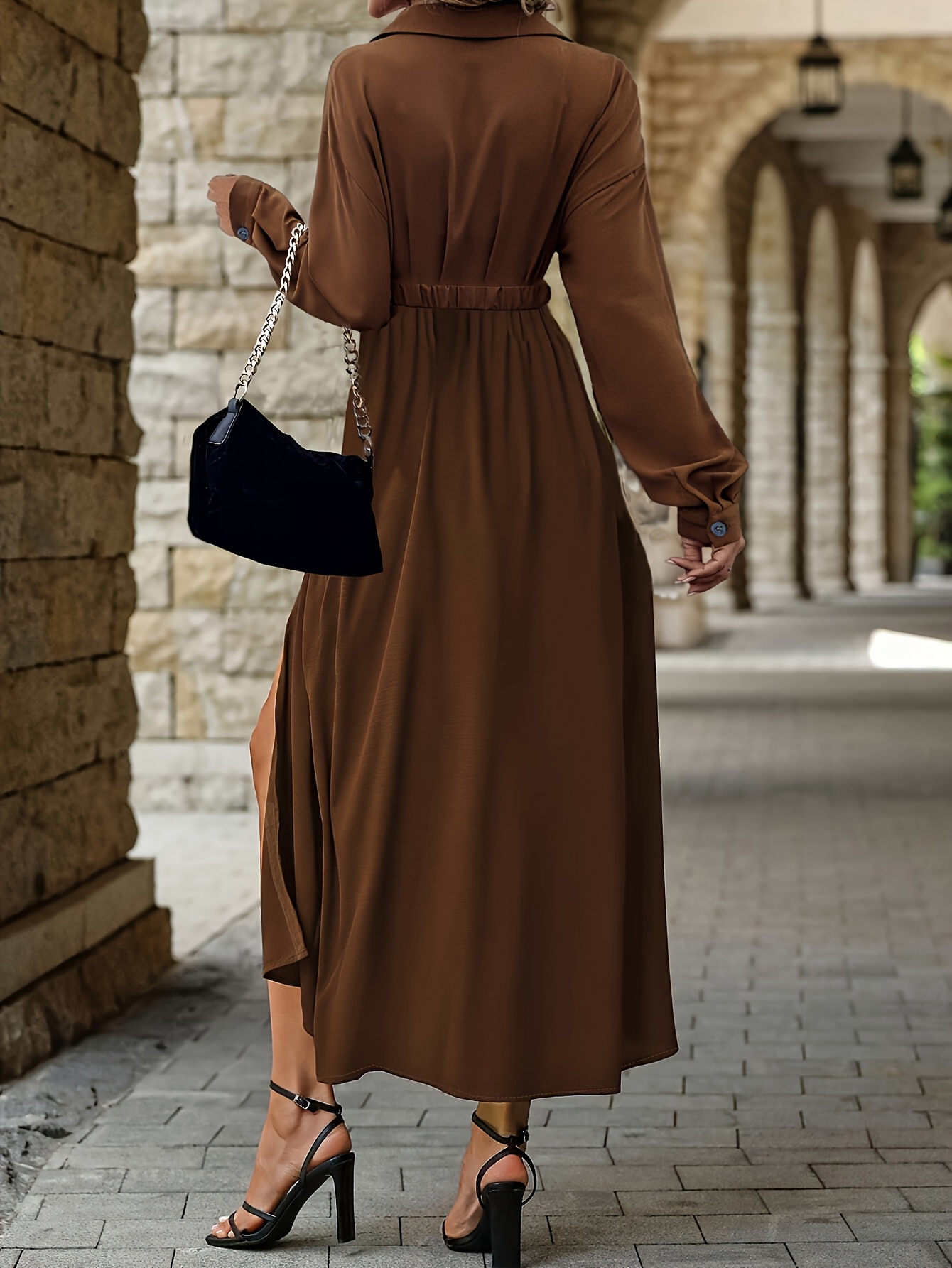 women's m9391 solid color long sleeve elegant dress brown Temu
