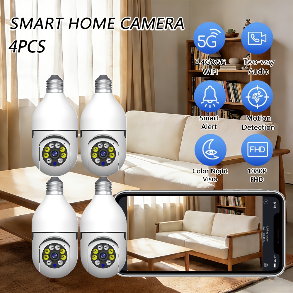 TEMU Lot de 4 caméras de sécurité fil d'intérieur avec vue à 355°, suivi humain, WiFi double bande (2,4G/5G), vision , audio bidirectionnel, stockage