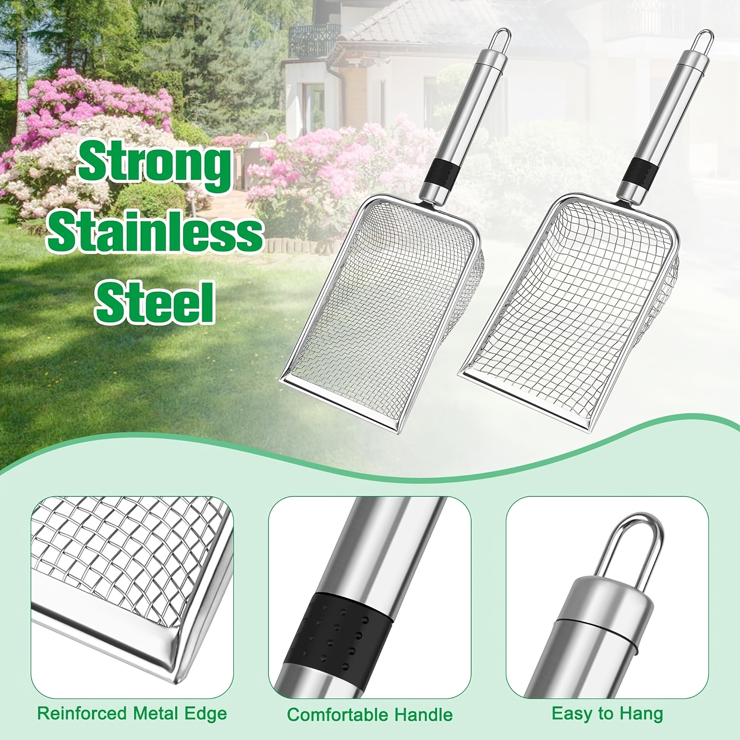 Image of 2pcs Garden Soil Sifter, Stainless Steel Sand And Compost Sieve With Handle, For Sifting Stones, Yard, Lawn, And Garden