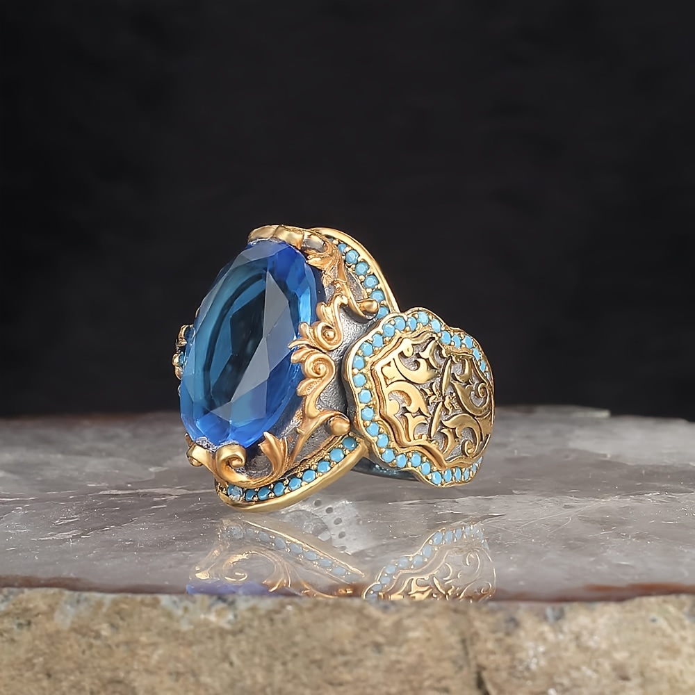 

1pc Vintage Style Handcrafted Blue Ring For Men, Turkish Design Copper Alloy With Golden Plating, Synthetic Stone Setting, Single Piece Gift Jewelry