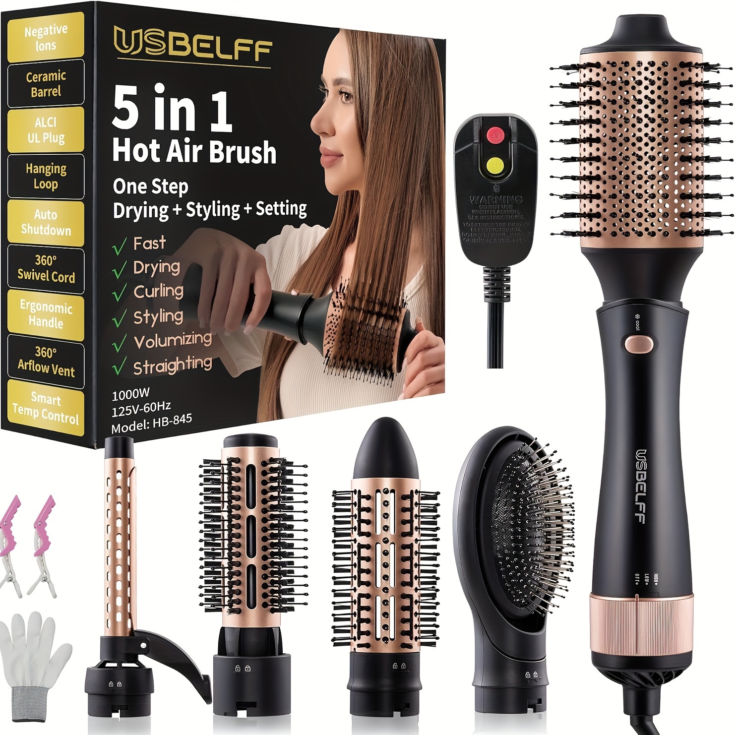 

5 In 1 Hot-air Blow Hair Dryer Brush - Set For 1 Step Drying And Styling Hair, Negative Ionic, Ceramic Barrel, Detachable, Multiple Temp Settings For Women Middle To Long Hair, Black-golden