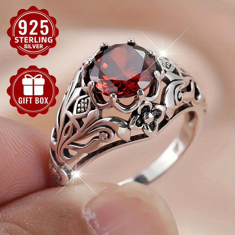 TEMU S925 Silver Flower Zirconia Ring Hypoallergenic Nickel Free Ladies' Retro Elegant Checkered Ring Jewelry Suitable For Daily Parties, Anniversary