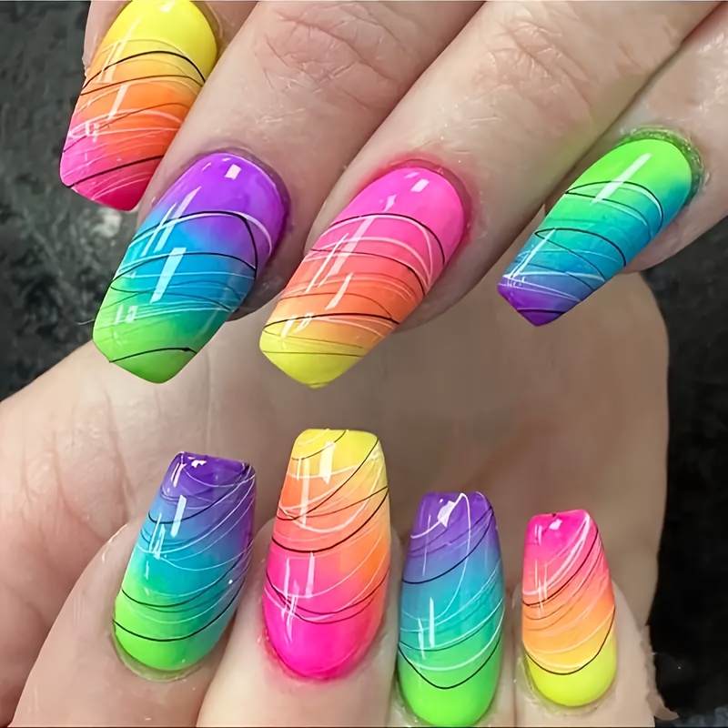 TEMU 48pcs Square-style Rainbow-colored Gorgeous Removable Nail Art Stickers Press-on False Nails (including Nail File And Jelly Glue)