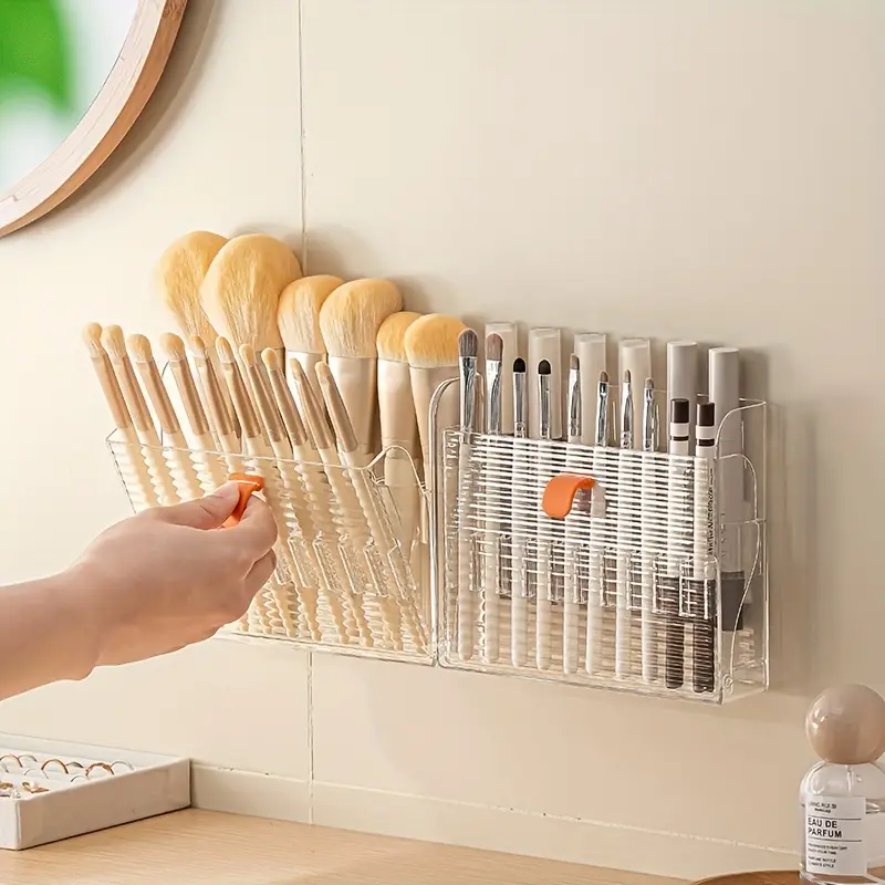 1pc punch mounted storage box makeup brush and eyebrow pencil rack pull out lipstick storage box double row folding makeup brush storage box can store 16 brushes at time ideal gift Product details 1