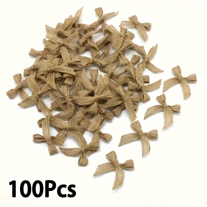 

100pcs Mini Natural Linen Bows - Rustic Handmade Bow Ties For Gift Wrapping, Diy Crafts & Home Decor - Light Brown Applique Embellishments