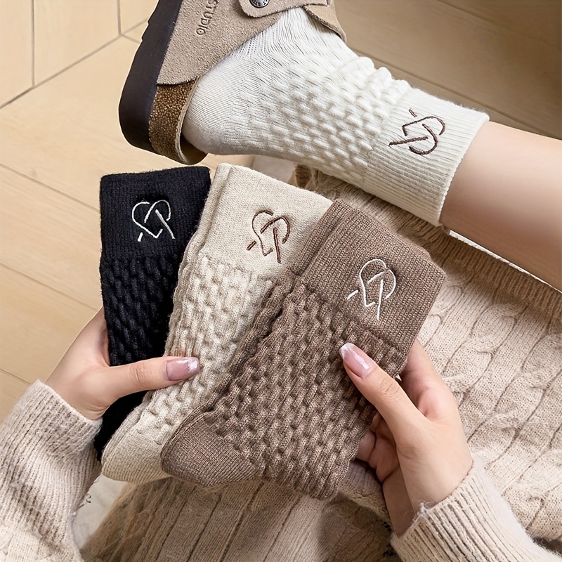 TEMU 3-pair Random Color Versatile Autumn/winter Series Embossed Japanese-style Cable Women's Warm, Soft, Durable, Anti-pilling, Slouchy Mid-calf
