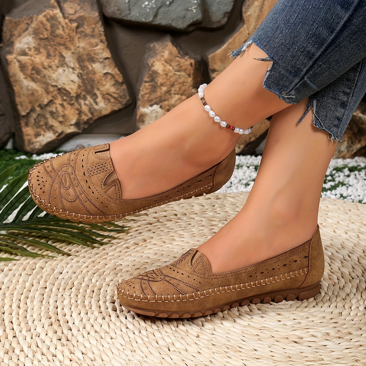 Image of Fashionable Vintage Comfortable Soft Versatile Women's Flat Penny-loafer Shoes | Solid Color, , Synthetic Faux Leather Upper, Flannel Inner, Tpr Sole, Non-woven Fabric Insole Elegant Women Shoes Shoes