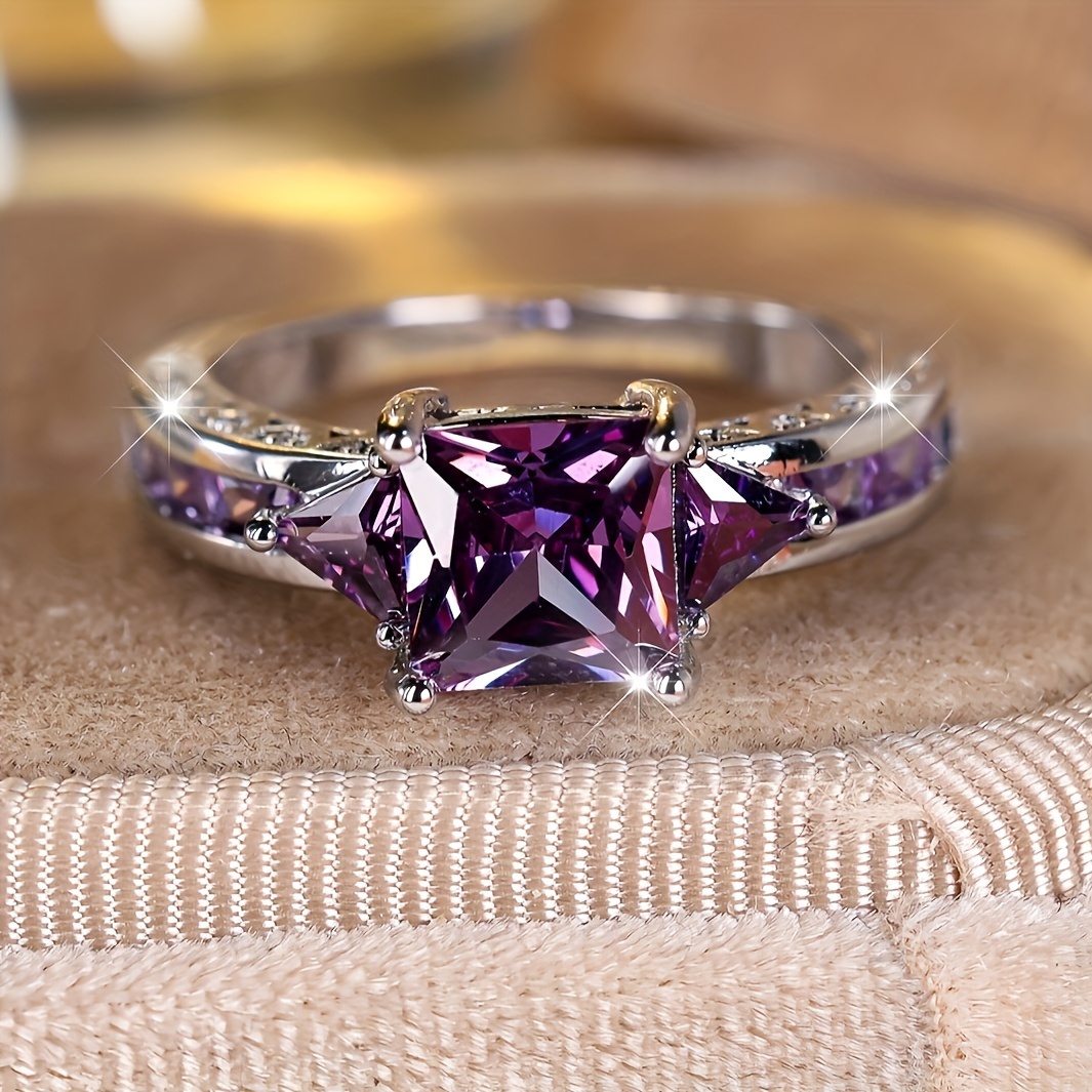 TEMU Elegant Purple Synthetic Synthetic Zircon​​ Ring - Perfect For Weddings, Engagements, And Parties - Silvery Plated Women's Jewelry
