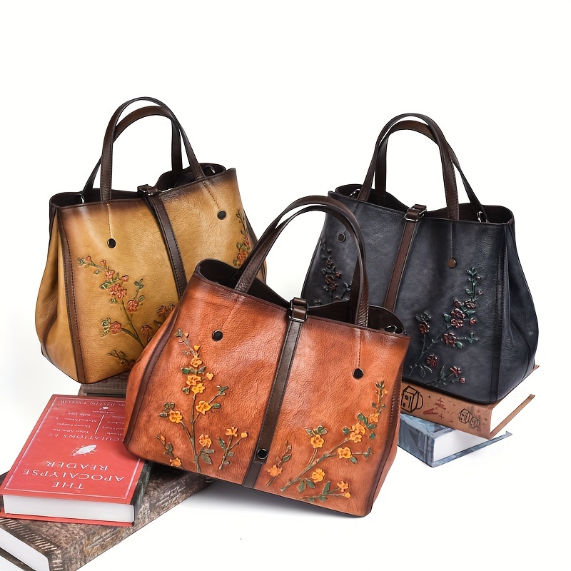 

Genuine Leather Handbags For Women, Embossed Floral Tote Bag, Retro Style, Soft Leather Shoulder Bag, Elegant Crossbody Satchel Purse