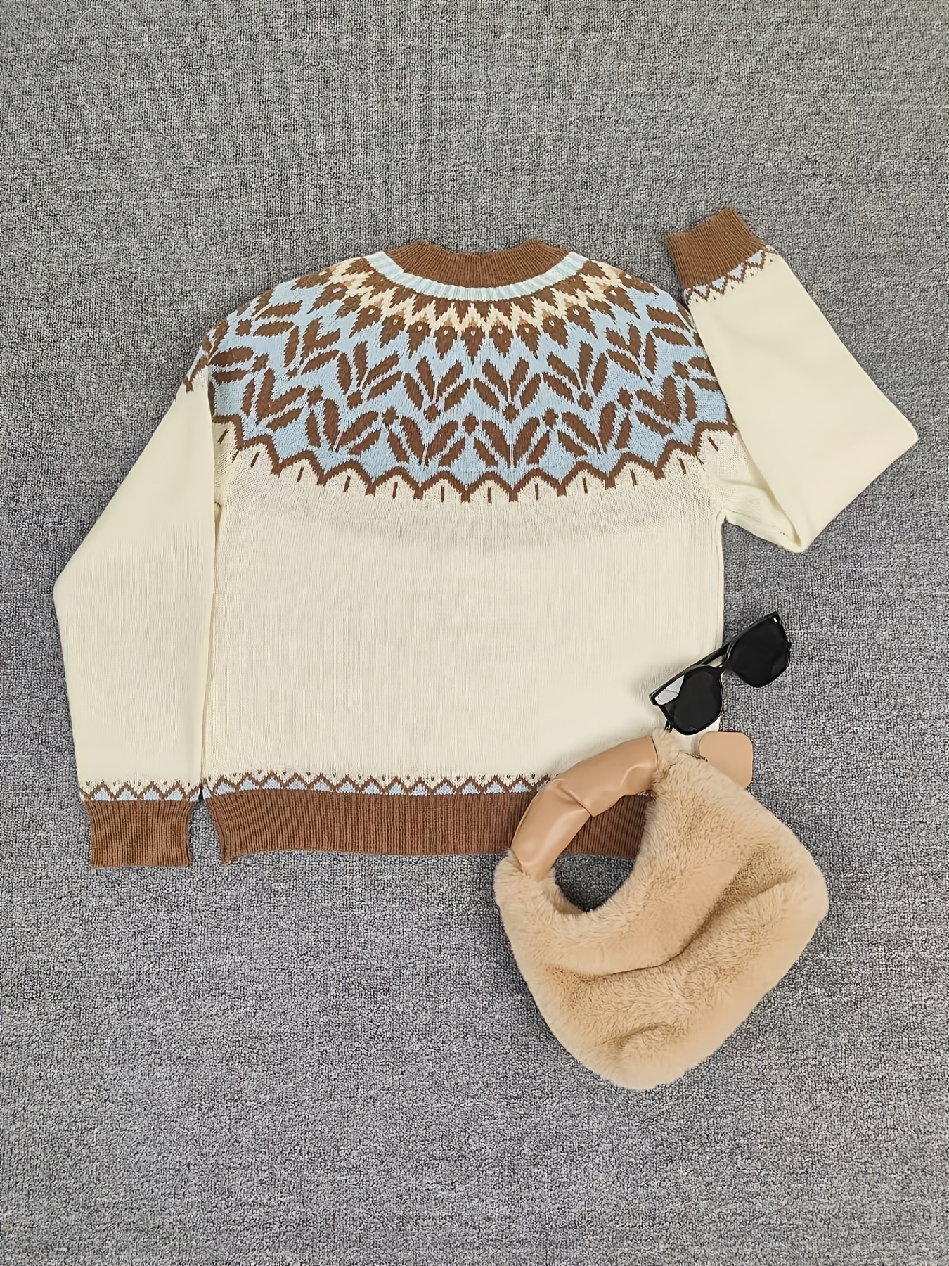 cozy autumn winter casual knit sweater for women color block crew neck pullover with ribbed cuffs long sleeves soft polyester perfect with beige pants brown boots set details 0