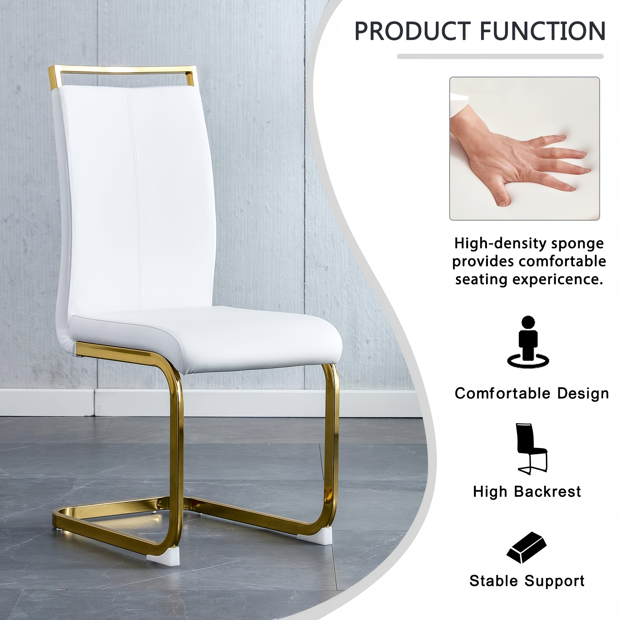Modern Dining Chairs Set of 4, High Back White Kitchen Chairs, Faux Leather Side Chair with Gold Plated Metal Legs, Easy to Install Upholstered Dining Chairs, Ideal for Living Room, Easy to Install (Golden/Silver Leg) Local Warehouse
