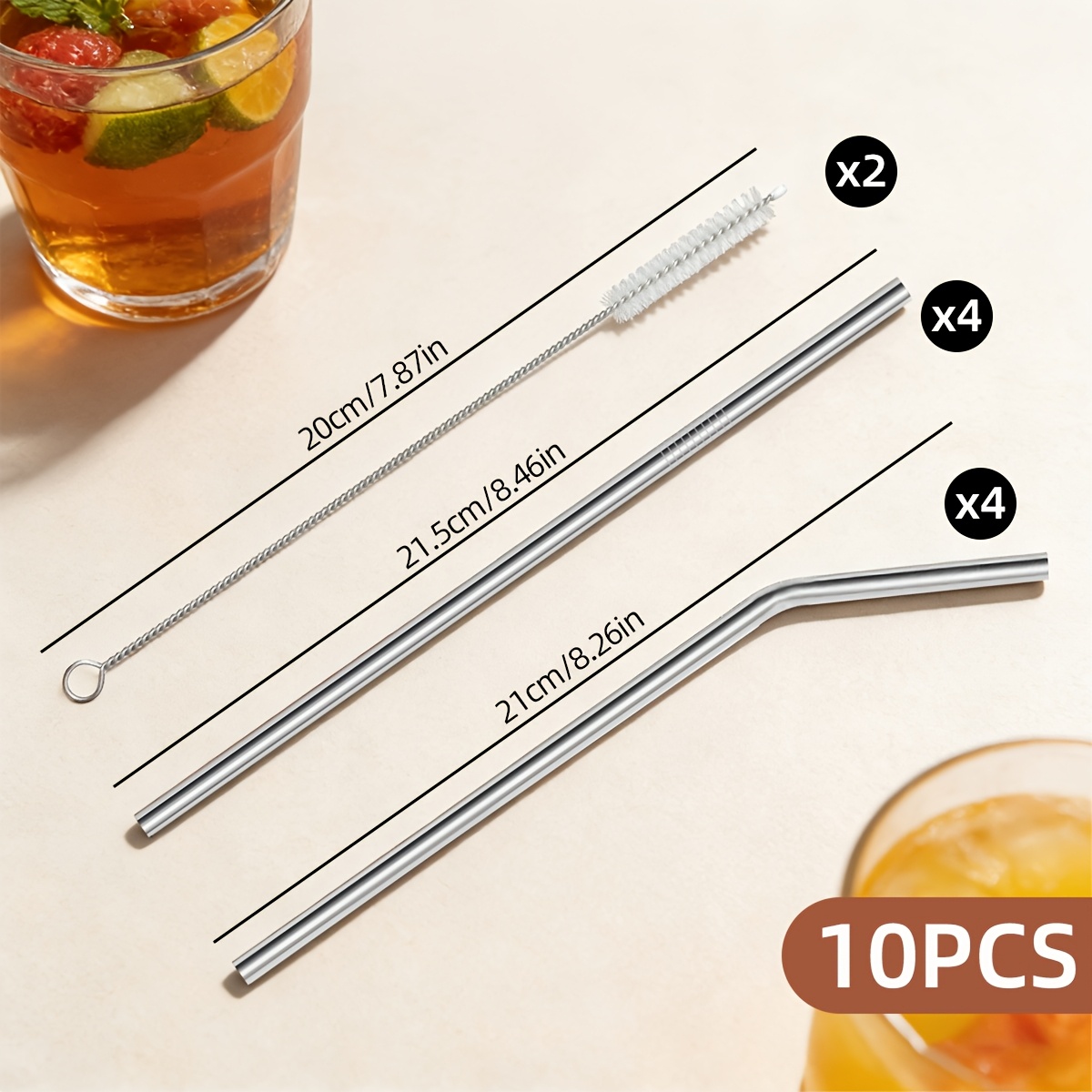 TEMU Vfvhome 10pcs Set -   2 Cleaning Brushes - Reusable Stainless Steel Straw Set, , Beverage Coffee Milk Tea Straw Set, Includes Straight Straws,