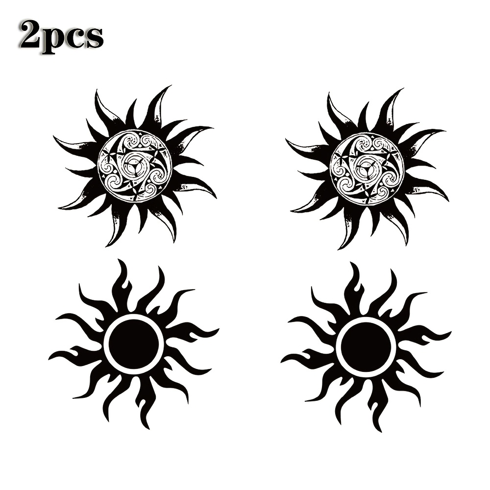 2 kosa Tribal Sun vodoodpornih začasnih nalepk za tetovaže, črna Maori Celtska Totem Vintage Plamen Sonce & Zapletene vrtinje Tribal Sonce Body