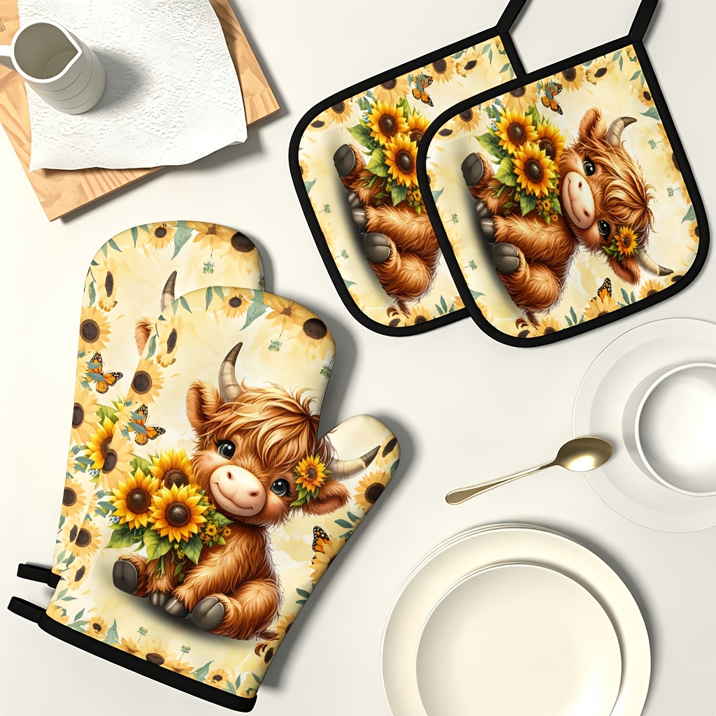 TEMU 4pcs Set Of Oven Mitts And Heat Pads, Sunflower Highland Cow Warm Tone Cozy Realistic Pattern, Premium Goodies, Suitable For Kitchen, Baking,