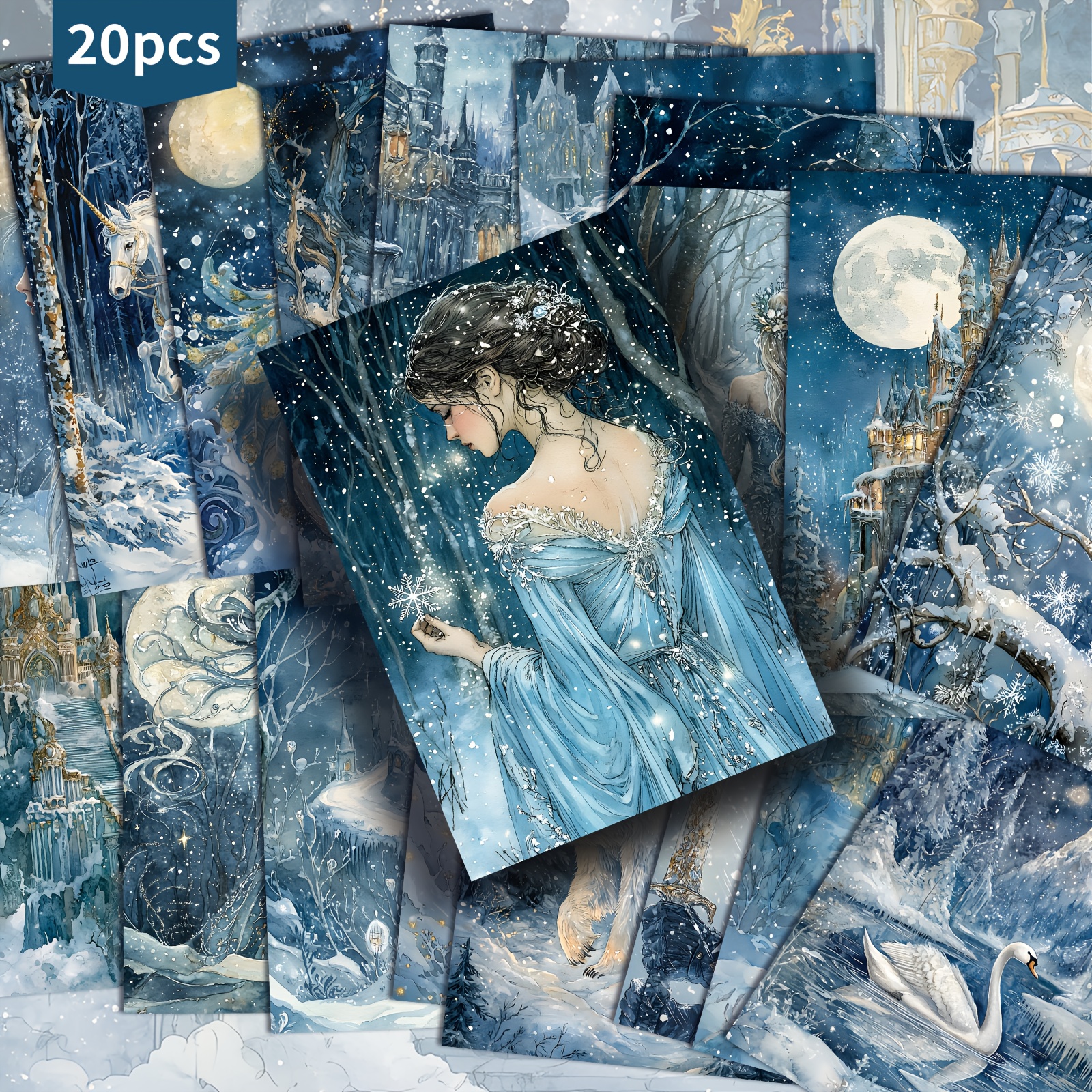 TEMU 20 Stuks ASSTSS Blauwe Fantasie IJskoningrijk Ansichtkaarten - 4x6 Inch Winterthema Magisch Rijk Stationery met Klassiek Prinsessen, Eenhoorn &