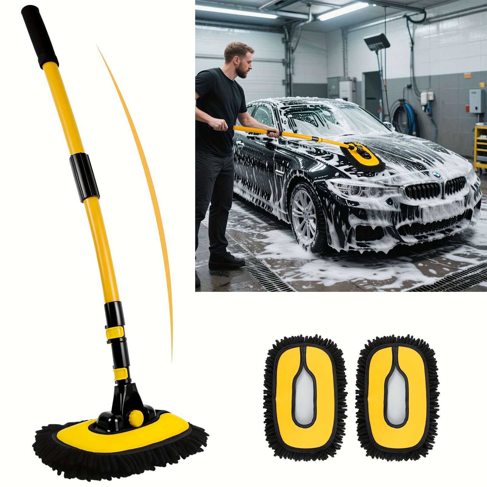 Image of 55" Car Wash Brush With Long Handle, 15° Curved Extendable Car Cleaning Brush With Replaceable Microfiber Mop Head, Portable Washing Brush For Rv Truck Camper Cleaning, Without Battery