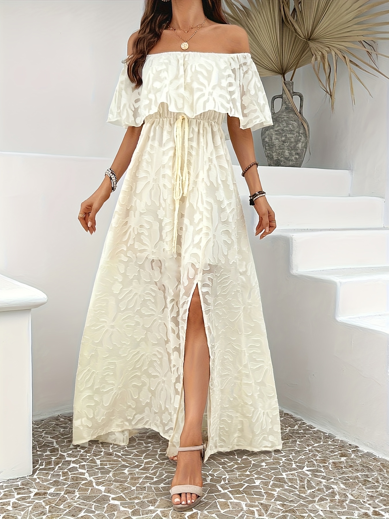 Elegant Off-the-Shoulder A-Line Maxi Dress with Side Slits - Lightweight  Polyester Summer Dress for Women, Bohemian Style, Machine Washable * |  Offshoulder Dress | Side Slit Dress