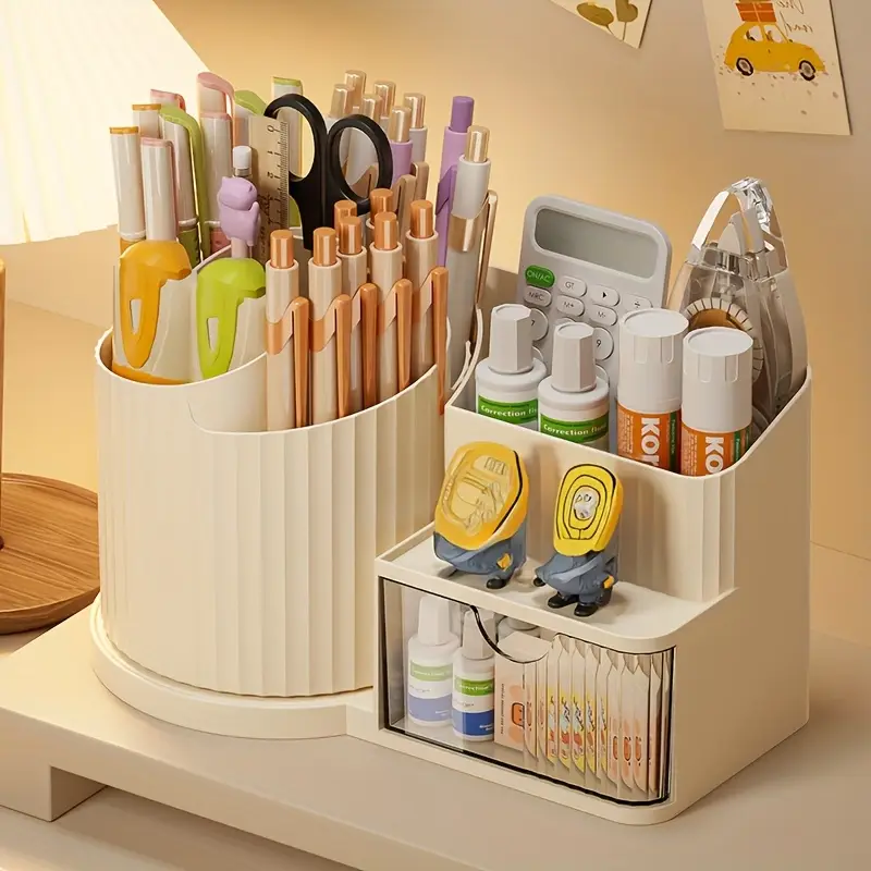 360 rotating makeup organizer with brush holder drawer makeup vanity organizer with brush storage lipstick office stationery space saving countertop organizer no power needed elegant bathroom desk durable plastic construction bathroom storage polished home organizers Product details 6