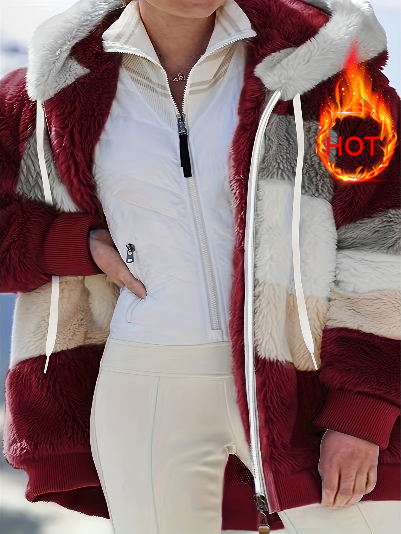 womens plush faux fur hooded jacket loose   block coat with blue beige white   long sleeve   machine washable for casual formal outfits ladies winter coats autumn layering piece formal cold attire striped ribbed details durable outdoor wear red 0