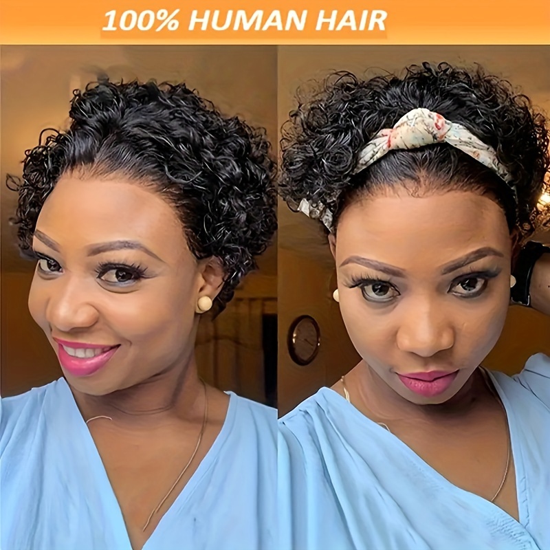 womens curly wave short cut wig 150 density human hair lace front 13x1 natural black glueless water wave suitable for african women details 2