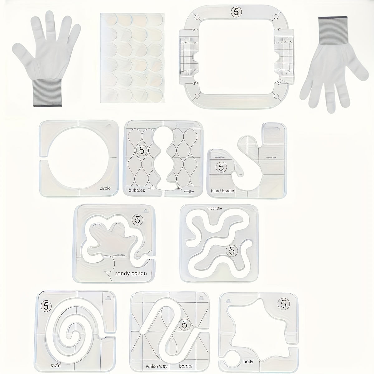 

12pcs Quilting Template Set With 8 Designs, Medium-size Quilting Gloves With Rubberized Fingertips, Frame, Stickers, Guide For Sewing - Breathable Fabric Craft Tools