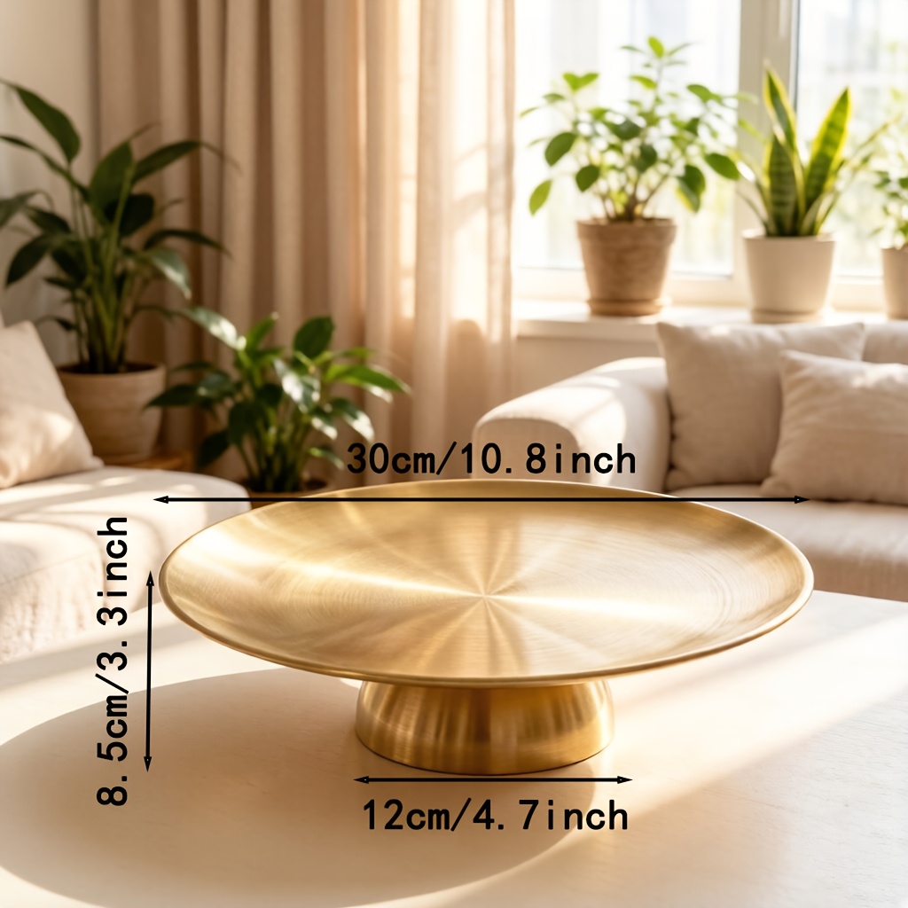 TEMU 1pc Minimalist Round Stainless Steel Tall-legged Home Decor Tray, Ornamental Storage Plate, Suitable For Birthdays, Weddings, Home Decoration,