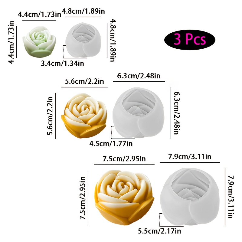 E-shop 3er-Set Rosenkerzen-Silikonformen für DIY Aromatherapie-Gipsdekoration, Feiertagsgeschenk, Blumenform für Valentinstag, Muttertag, Ostern