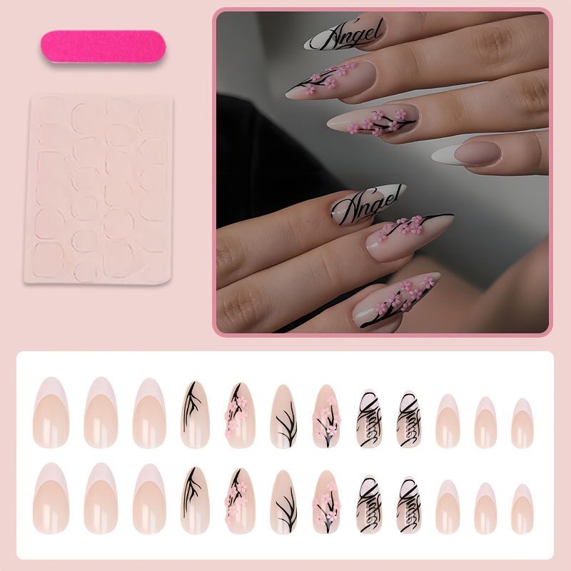 24pcs Elegant Cherry Press On Nails Suitable For Dating, Party, Bridal Wear - Almond Shape Fake Nails With Medium Nude White Tip & 3d Branch, Spring For Daily Wear, Flower
